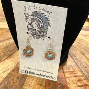 Handmade turquoise thunder bird silver bladed earrings